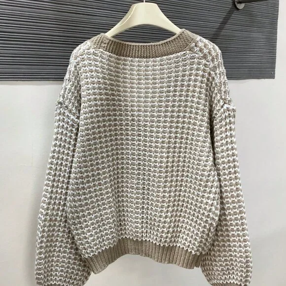 Khaki Casual Women's Plaid Print Button Front V-Neck Long Sleeve Cardigan - Picture 2 of 4